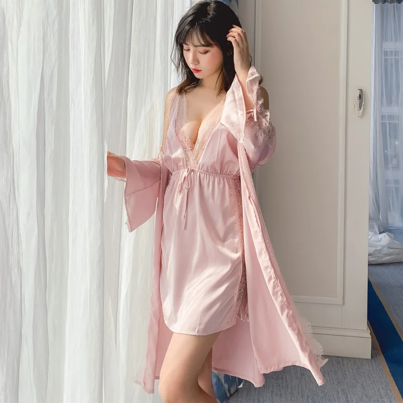 

Luxury Nightgown Lady 2021 Sexy Lace Princess Sling Nightdress Two-Piece Set Satin Charming Full-sleeve Robes Sleepwear Spring
