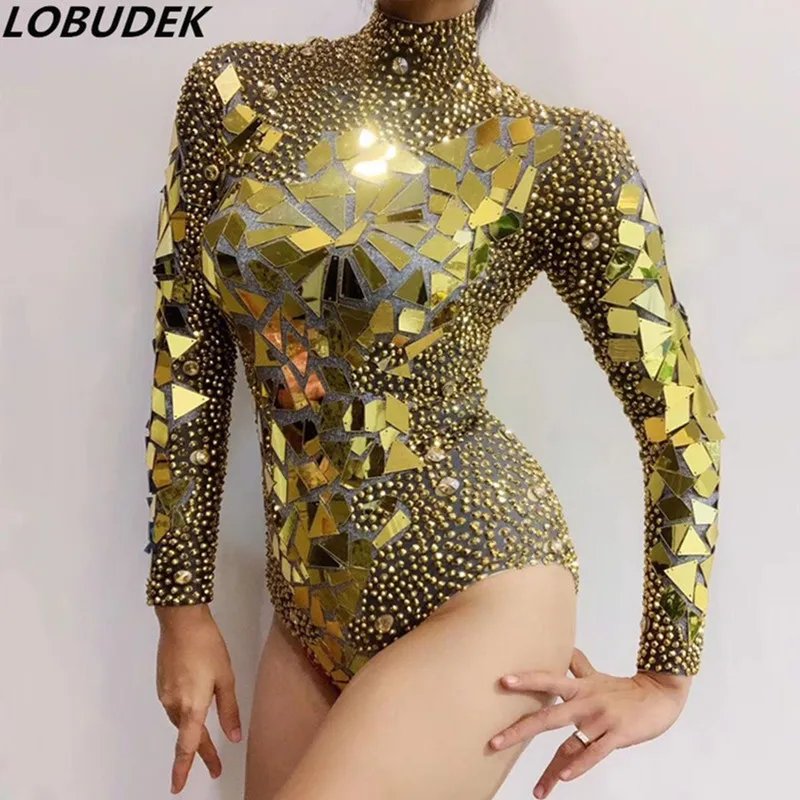 Lady Singer Dancer Luxury Stage Costume Gold Silver Mirror Rhinestones Bodysuit Elastic Jumpsuit Nightclub DJ Jazz Dance Wear