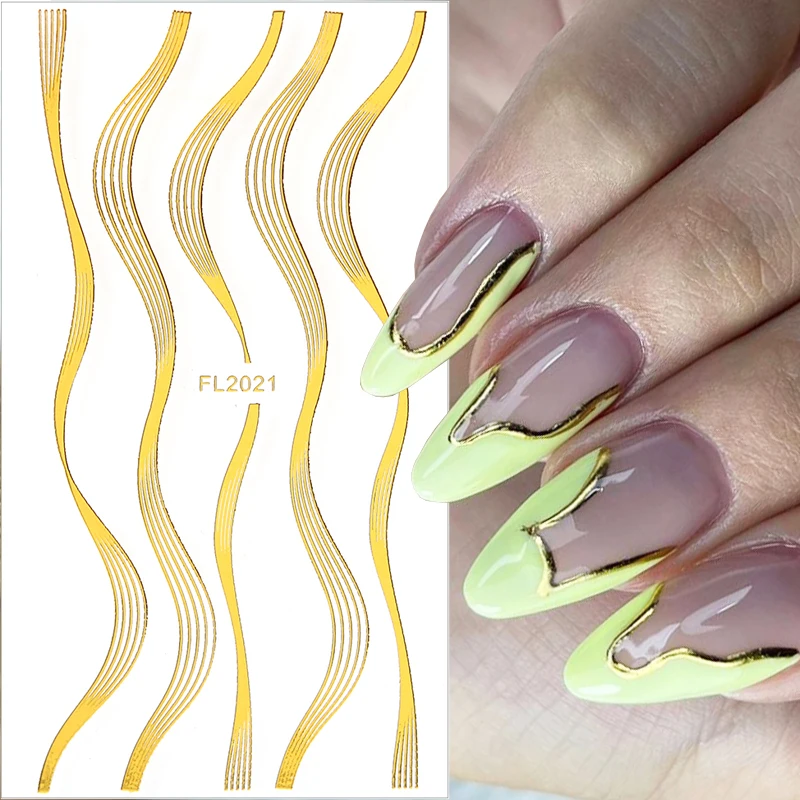 

1pcs Metal Gold Nails Stickers Wave Lines Triangle Geometry 3D Decals DIY Tips Stripe Nail Art Decorations Manicure Slider