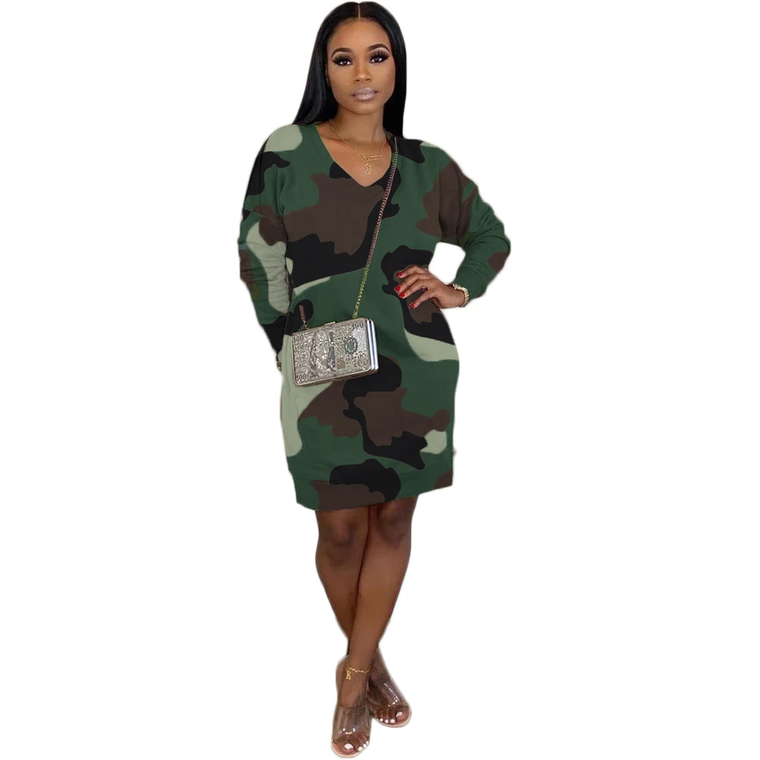Женские 2020 новое зимнее мини-платье с камуфляжным принтом v-образным вырезом и