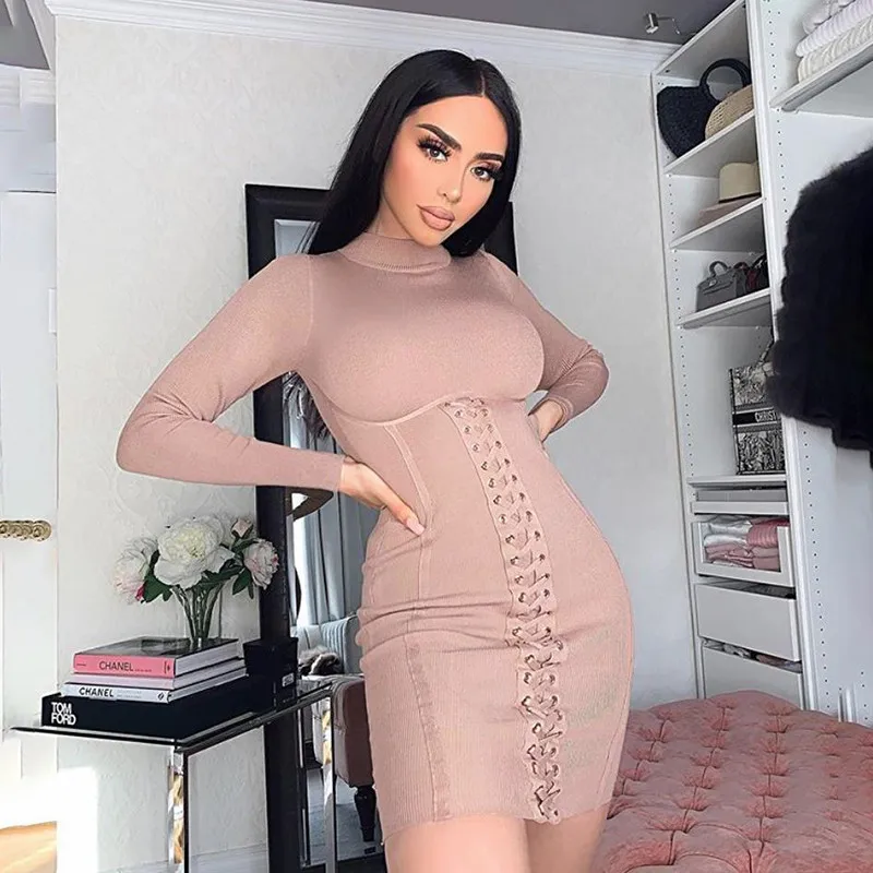 

Autumn Women Knitting Dresses Sexy Women Solid Lace Up Long Sleeve Slim Bodycon Club Party Mini Dress Basic Female Vestidos