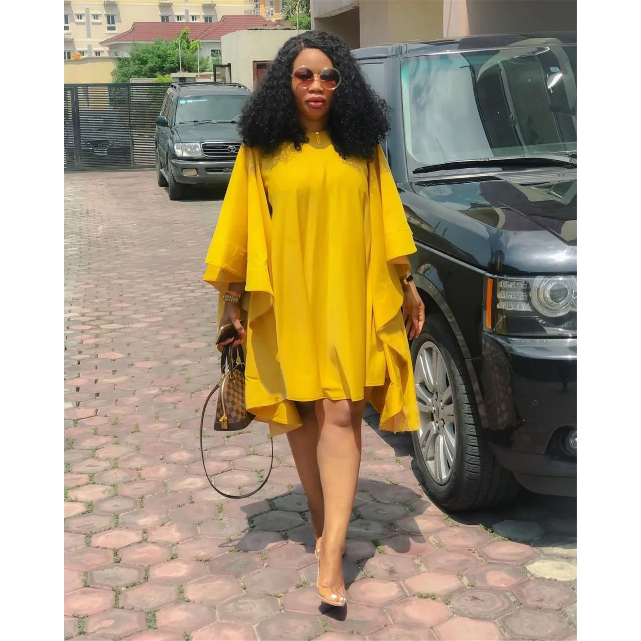 

Pure Color Straight Dress 2021 New European And American Fashion Women's Loose Bat Sleeve Round Neck Ruffled Casual Short Skirt