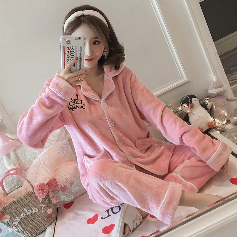 Зимняя Фланелевая пижама набор Женская флисовая Пижама женская плотная теплая