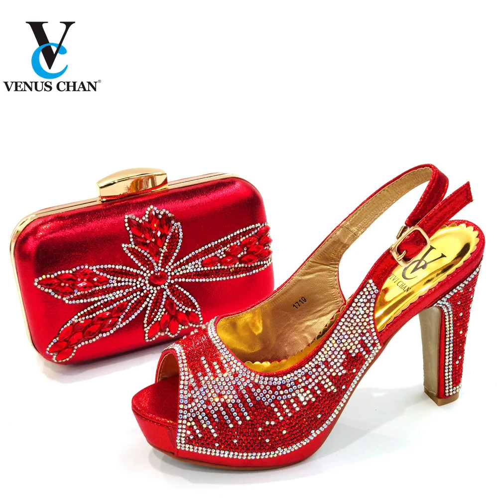 

Red Color Italian Women Party Matching Shoes and Bag Set Retro Style 2021 Newest Design with Crystal for Royal Party