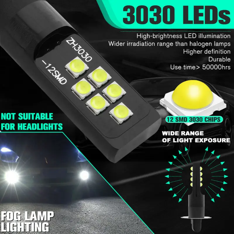 

2pcs/set Car LED Fog Lights H3 Bulbs 3030 SMD 6000K White Fog Light Super Bright DRL Driving Lamp Auto Accessories