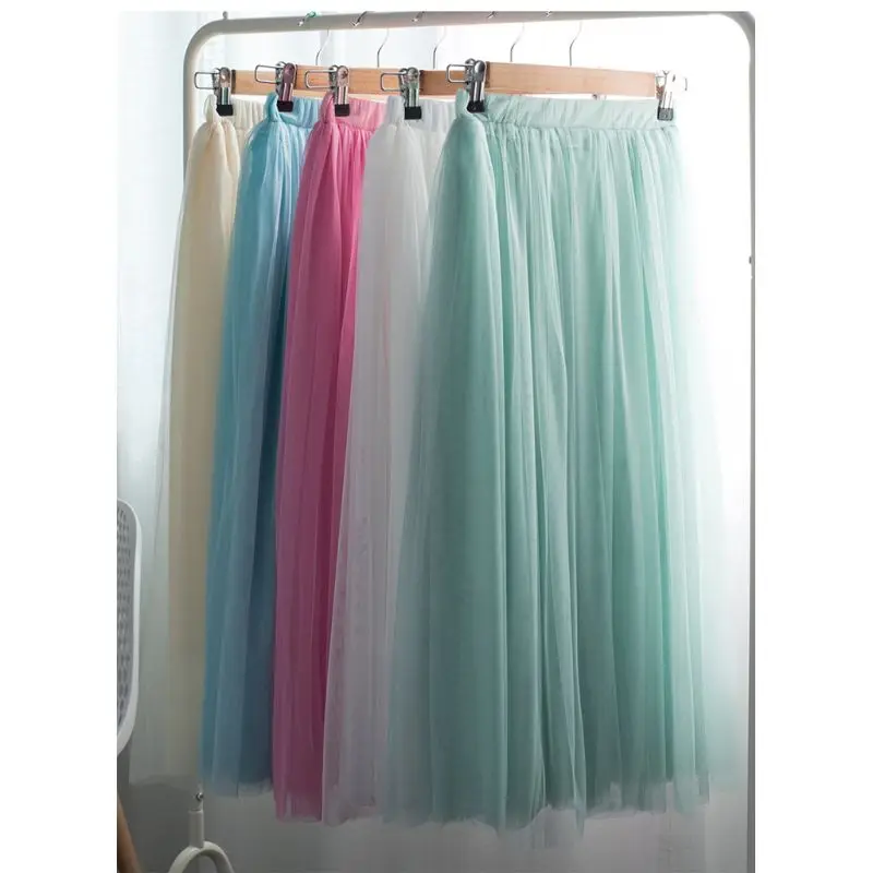 Женская трехслойная сетчатая плиссированная фатиновая длинная юбка миди с