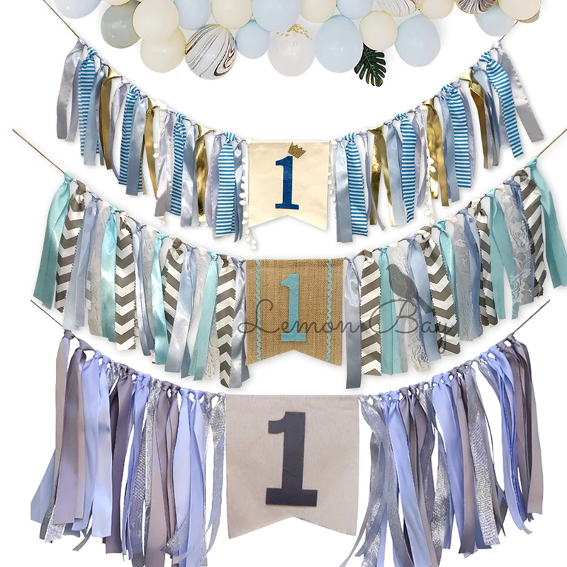 Баннер на 1-й День рождения мальчика морской синий высокий стул баннер украшение