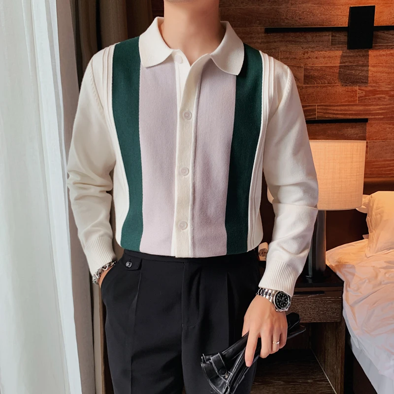 

Top Quality Autumn Winter Fashion Patchwork Color Cardigan Men Clothing 2022 Turn Down Collar Casual Knitted Sweater Pull Homme