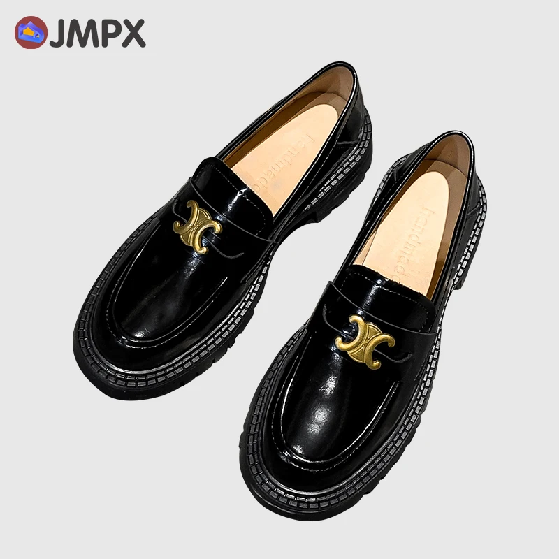 

JMPX Brand Women Fashion Pumps Loafers Shoes New Spring Platform Round Toe Office Lady British Japonese Style Metal Decoration