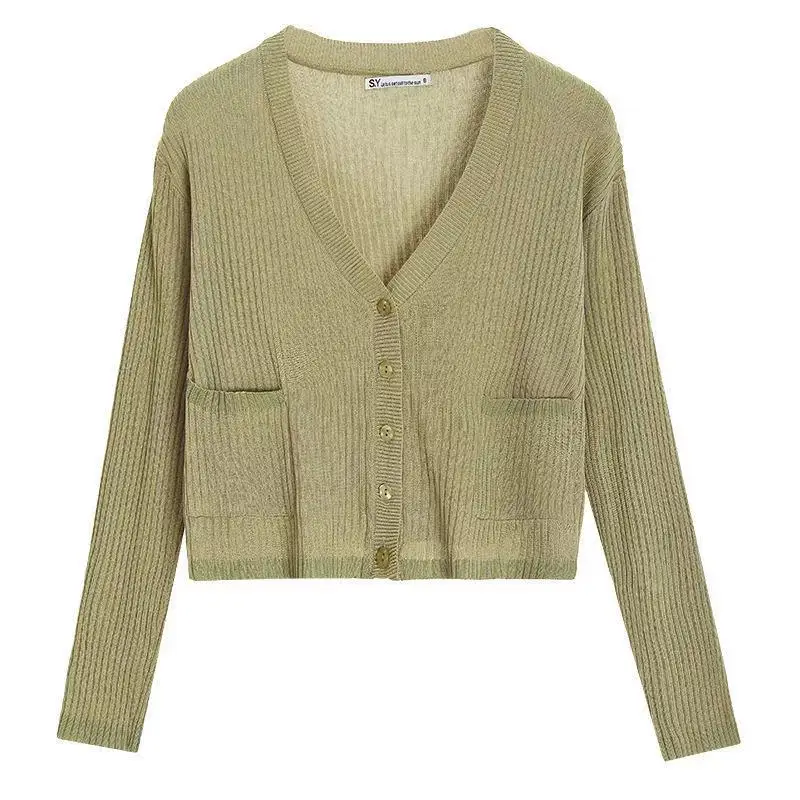 

Long Sleeve Solid V-neck Kintted Sunscreen Shirt Women's Air-conditioning Shirt Summer 2021 New Cardigan Outerwear Small Cape