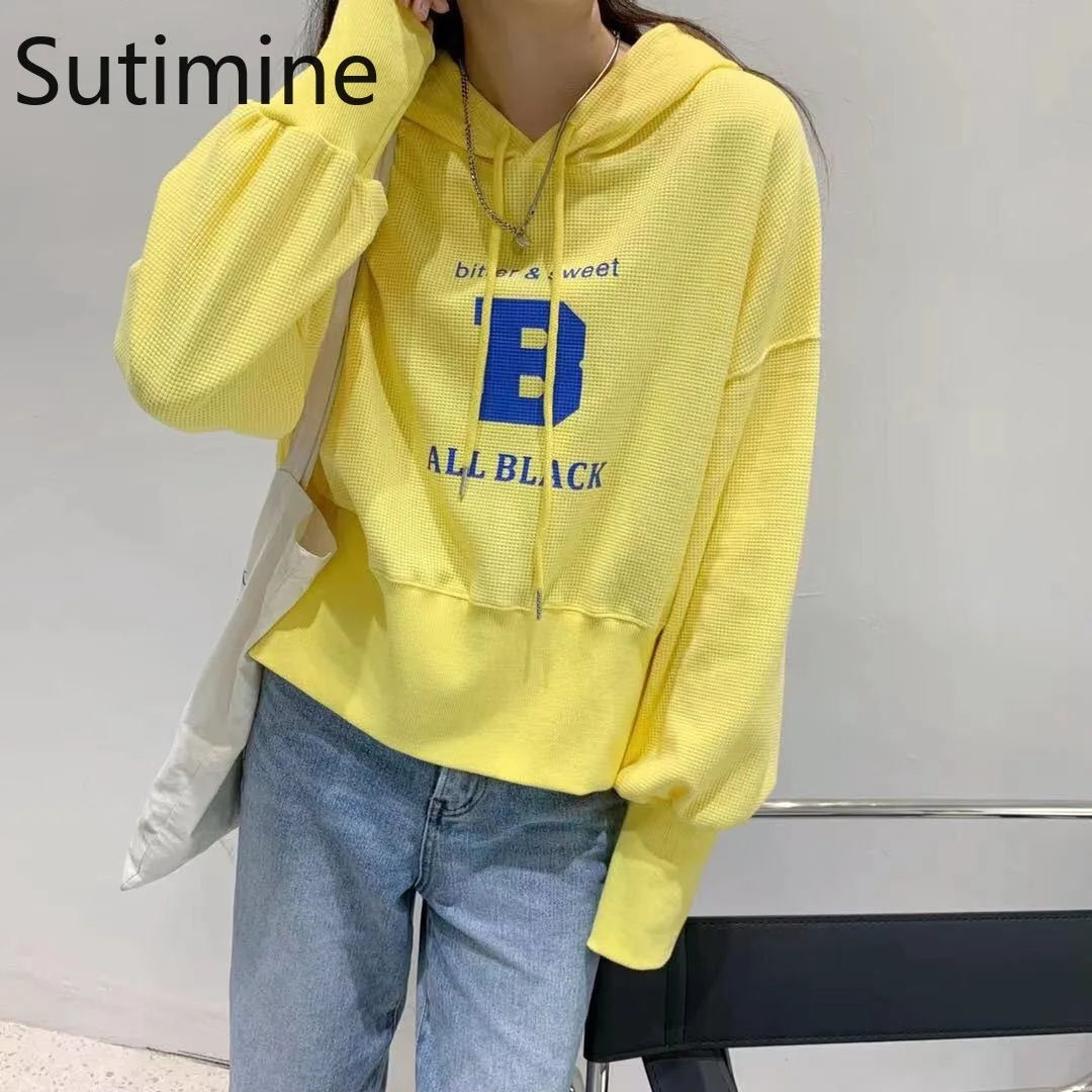

Cotton Oversize Lemon Yellow Hoodie Women Autumn B Letter Printing Casual Loose Large Size Hooded Long Sleeve Women Hoodies
