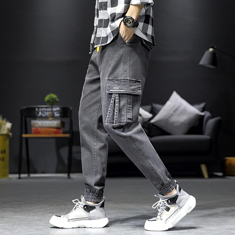 

Autumn drawstring legged Harlan jeans men's fashion brand loose thin nine point small foot Korean casual men's pants