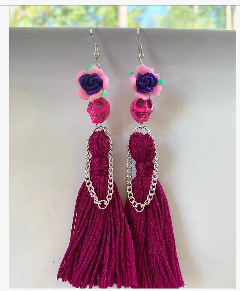

New Arrival Rose Skulls with Long Tassels Dangle Earrings,gothic Skull ,drop Earrings,Women New Fashion,day of The Dead Jewelry