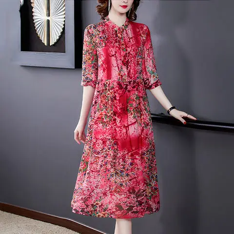 

2021 New Women Summer Chiffon Office Lady Dress Elegant Floral Print Plus Size Stand Dresses Female A-line Long Vestidos Q182