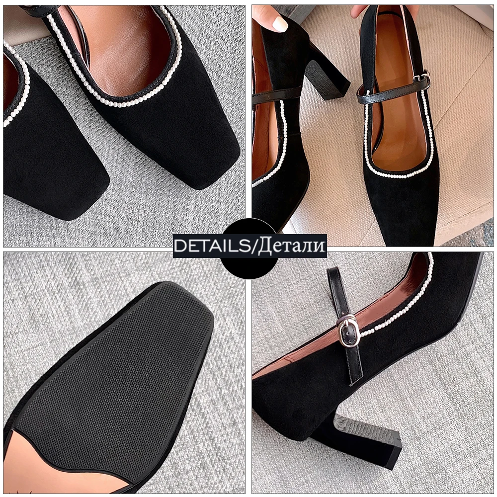 

WETKISS Mary Jane Women Pumps Square Toe Shallow Footwear Female Kid Suede Pearl Decor Shoes Ladies 2021 New