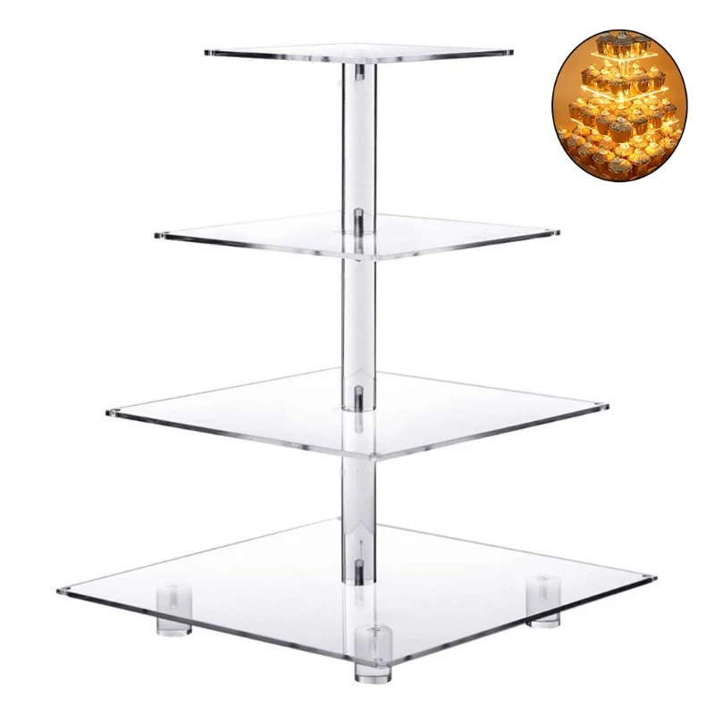 

4-Tier Cake Plate Stand LED Light String Cupcake Holder Acrylic Cupcake Display Stand Holder Wedding Party Decor