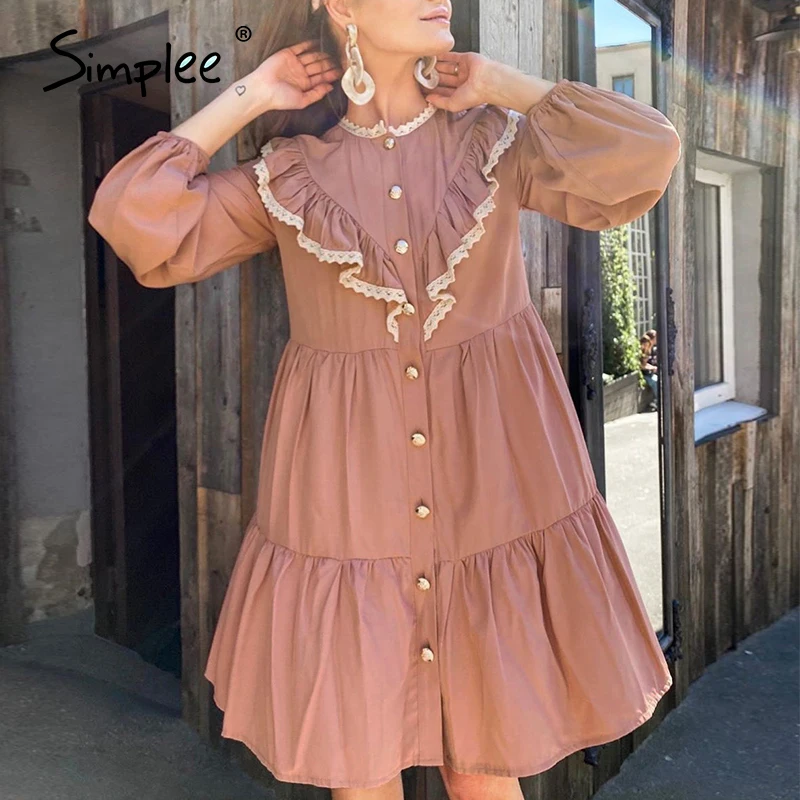 Однотонное женское платье Simplee с пышными рукавами кружевное летнее оборками на