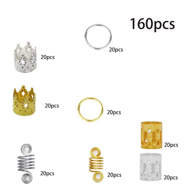 

160 Pieces DIY Braid Rings Dreadlocks Metal Cuffs Beads Multiple Style for Festival Party Hair Jewelry Clip F25 21 Dropshipping