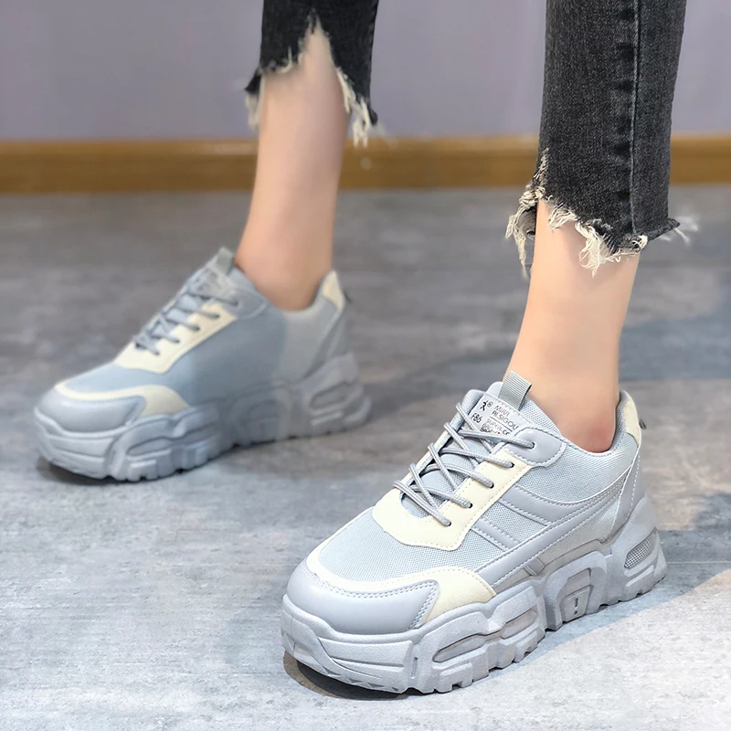 

Fashion Chunky Sneakers Women Vulcanized Shoes Thick Sole Platform Gray Trainers 2021 Spring Lace Up Casual Dad Shoes Woman