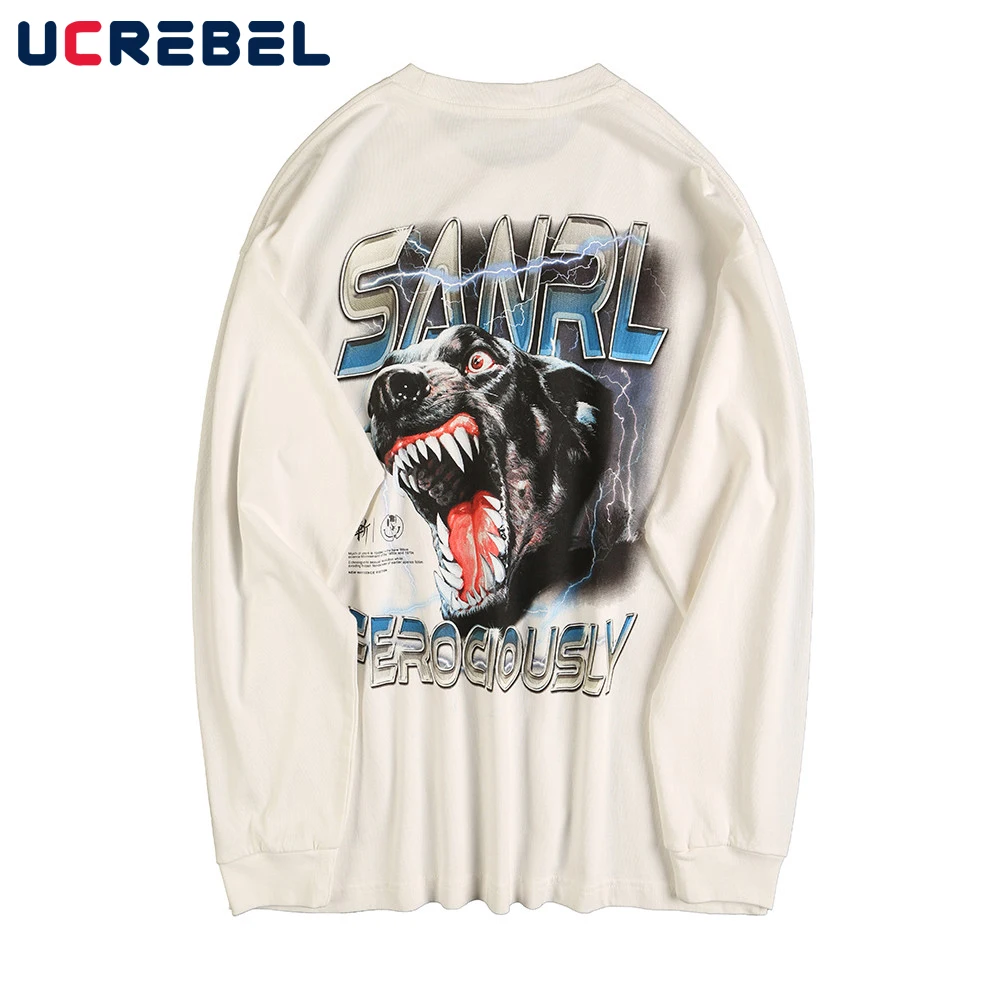 

Animal Print Long Sleeve T-shirt Mens High Street Autumn Distressed Cotton Tee Streetwear Casual Loose Crew Neck Tshirt Men