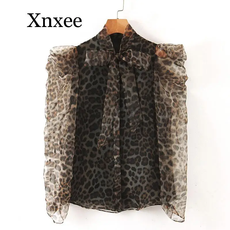 

Leopard Printed Tshirts Women Fashion Slim Bow Tops Women Elegant Transparent Long Sleeve Tees Female Ladies beach tops office