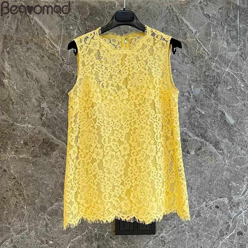 Beanomad Runway Fashion Summer Woman Yellow Silk Skirt Suit O-Neck Lace Hollow Out Top+High Waist Ruffles Hem Skirt 2 Piece Set