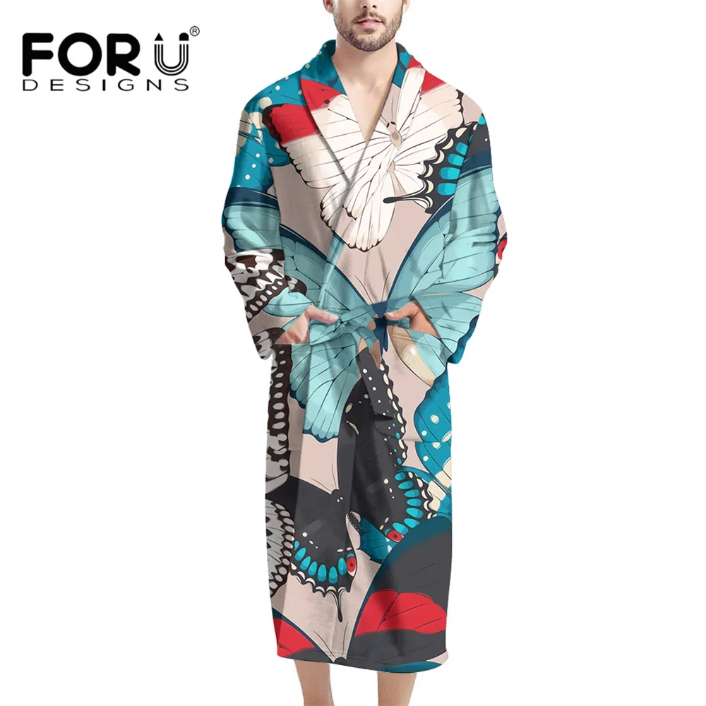 

FORUDESIGNS Sexy Men's Robes Colorful Art Butterfly Bath Robes Long Casual Loose Home Wear String Bathrobes with Pocket Халаты