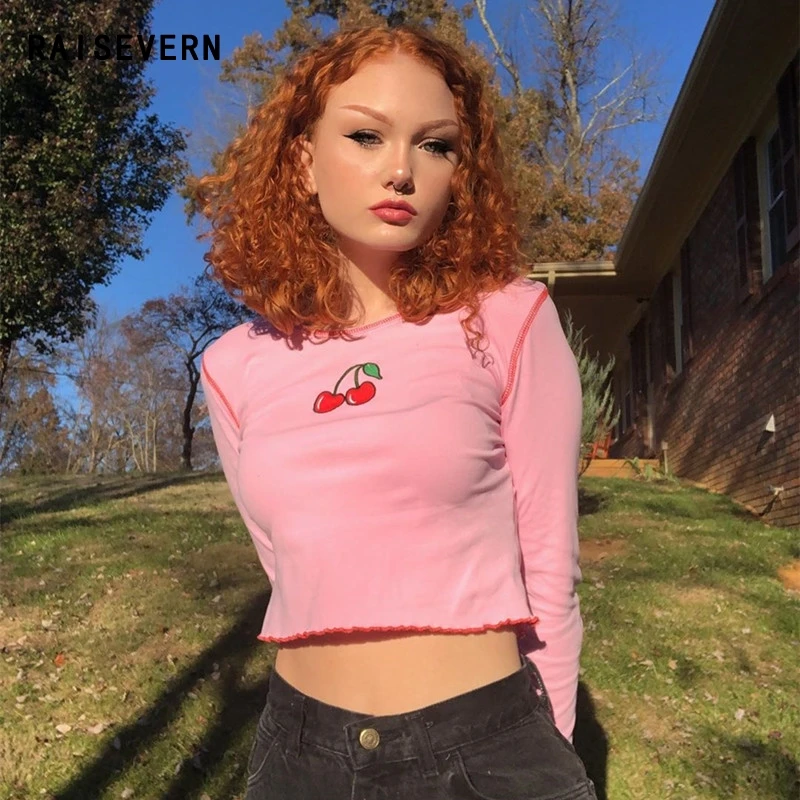 

Cute Pink T-shirts Sexy Cherry Print Cropped T Shirts Basic Short Tshirts Femme Harajuku Spring Long Sleeve Coat Drop shipping