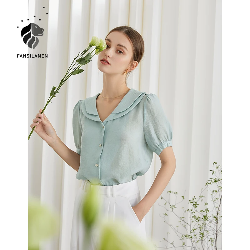 

FANSILANEN Office Lady Blue Double Collar Lantern Sleeve Shirt Summer 2021 New Thin Short Sleeve Professional Temperament Shirt