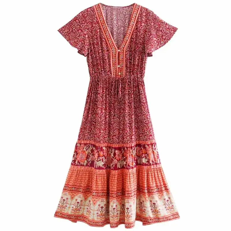 

SALEQI Floral Print Boho beach Dress flare sleeve long V-neck vintage Women Dresses rayon Long dress bohemian new 2021 summer