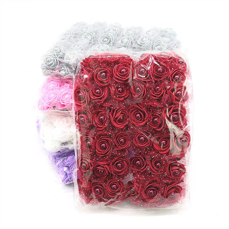 

72pcs 3cm Foam Mini Rose Heads with Pearl Bead Artificial Flowers for Wedding Decoration DIY Bride Wreath Home Decor Fake Flower
