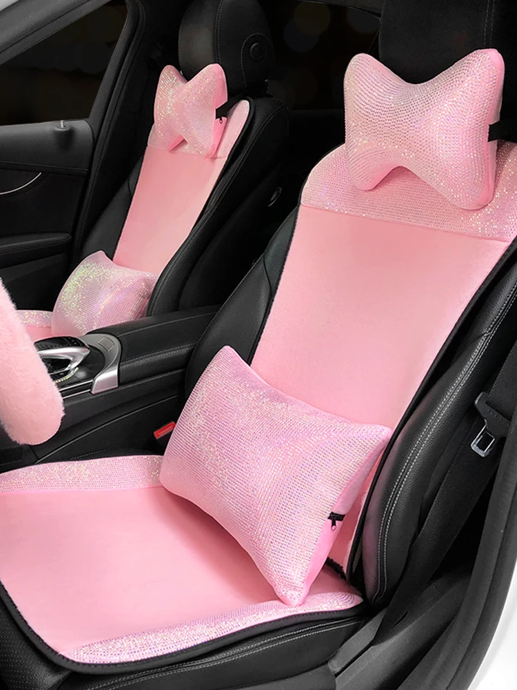 

Pink Rhinestones Plush Four Seasons Universal Car Seat Cushion Cover Car Interior Accessories