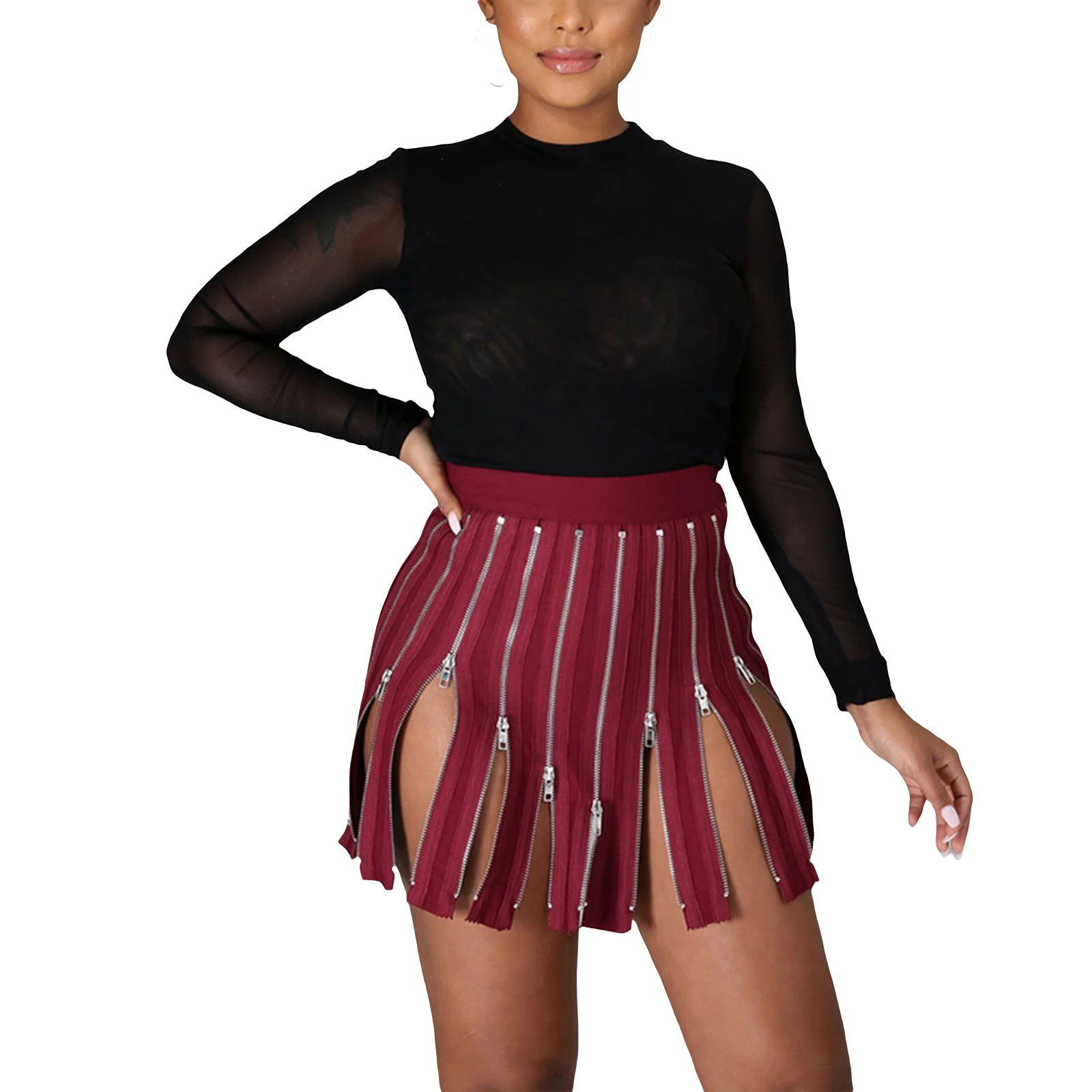 

Women Summer Short Skirt, Multi-Zipper High-Waist A-Line Miniskirt Streetwear for Girls, White/Olive/Wine Red/Pink