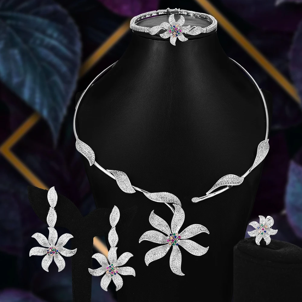 

missvikki High Quality Elegant 4PCS Luxury Flowers Necklace Bracelet Earring Ring Jewelry Set for Women Brides Wedding Jewellery