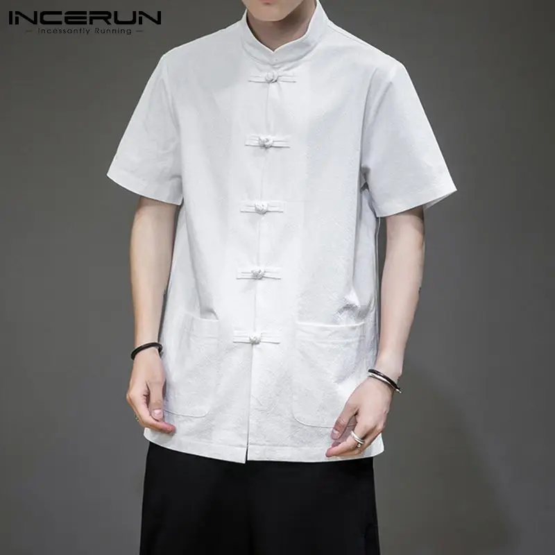 

2021 Chinese Style Men Shirt Cotton Solid Color Mandarin Collar Retro Tang Suit Button Short Sleeve Tops Casual Camisas INCERUN