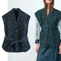 za 2021 new style autumn winter women flower print quilted cotton belt vest long vest jacket cotton windproof warm waistcoat