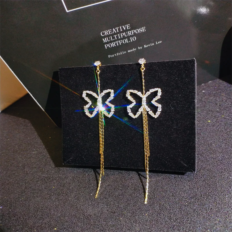 

Trendy Fashion Hollow Out Butterfly Tassel Drop Dangle Earrings for Women Crystal Rhinestone Metal Chain Party Wedding Bridal