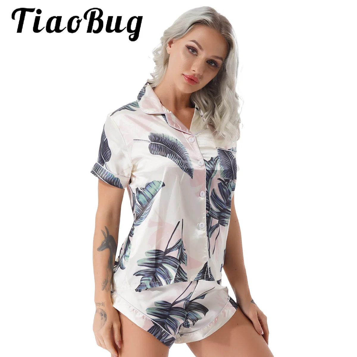 

New Shorts Summer Women 2021 Home Clothes Satin Pajama Set Pantsuits Flower Print Sleepwear Casual Short Sleeve Shirt Top Blouse