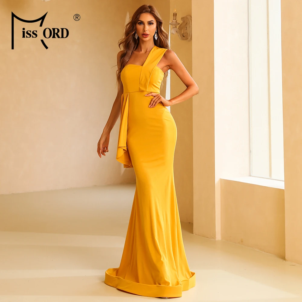 

Missord Summer One Shoulder Evening Dresses 2021 Elegant Maxi Sexy Women Prom Backless Bodycon Yellow Party Long Fashion Dress