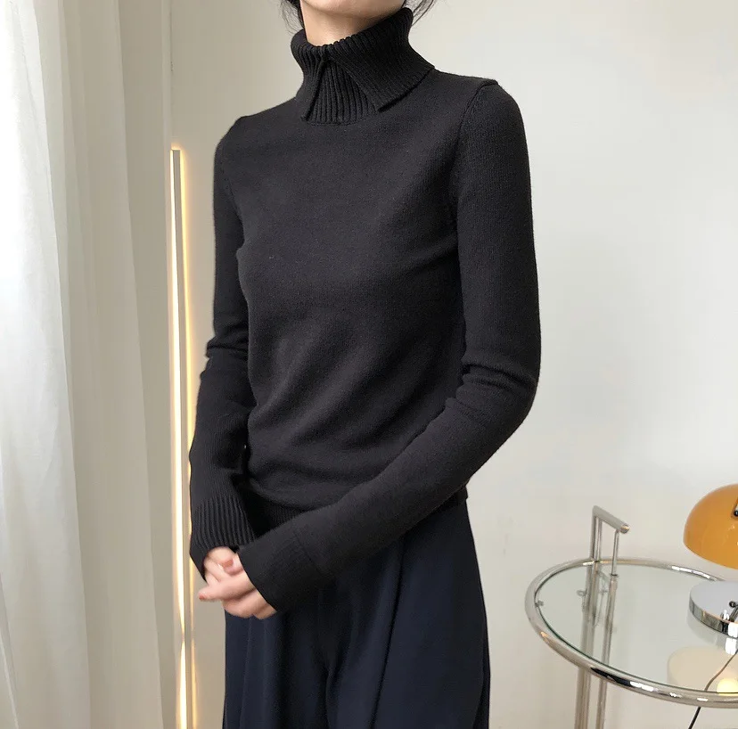 

UMI MAO Spring New Temperament Lapel Design Turtleneck Sweater Slim Slimming Wild Knitted Skin-friendly Bottoming Shirt Women