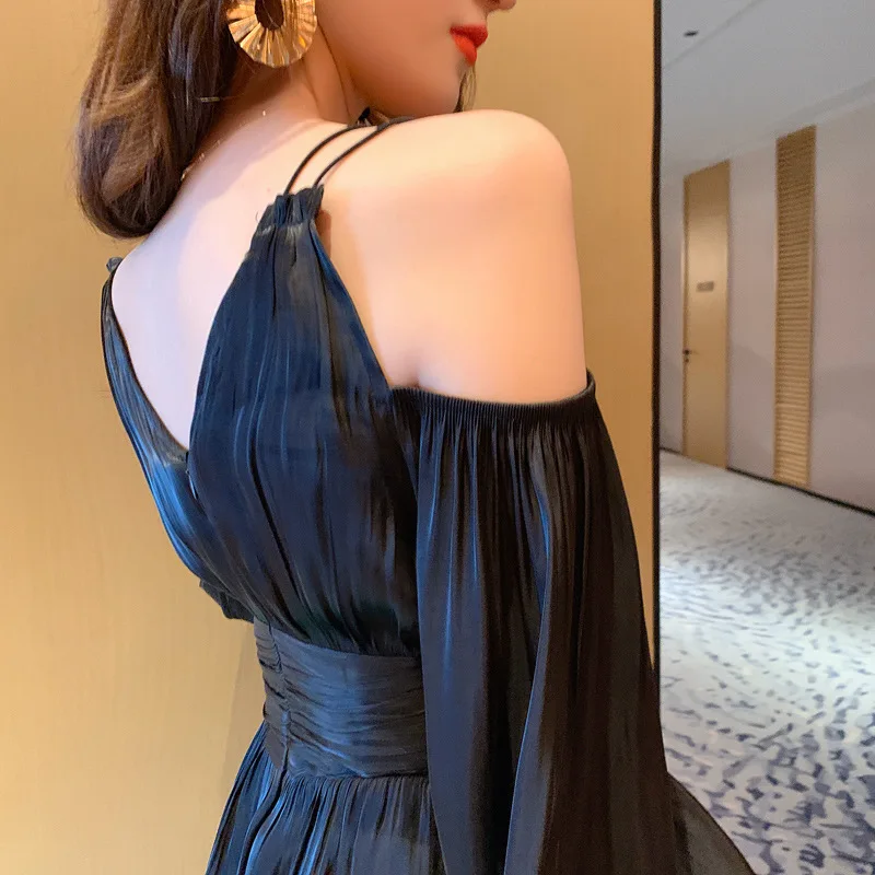 

V Neck Off the Shoulder Spaghetti Strap Dress High End Women Lantern Sleeve Vintage Mini Dress Spring Sexy Party A Line Dress