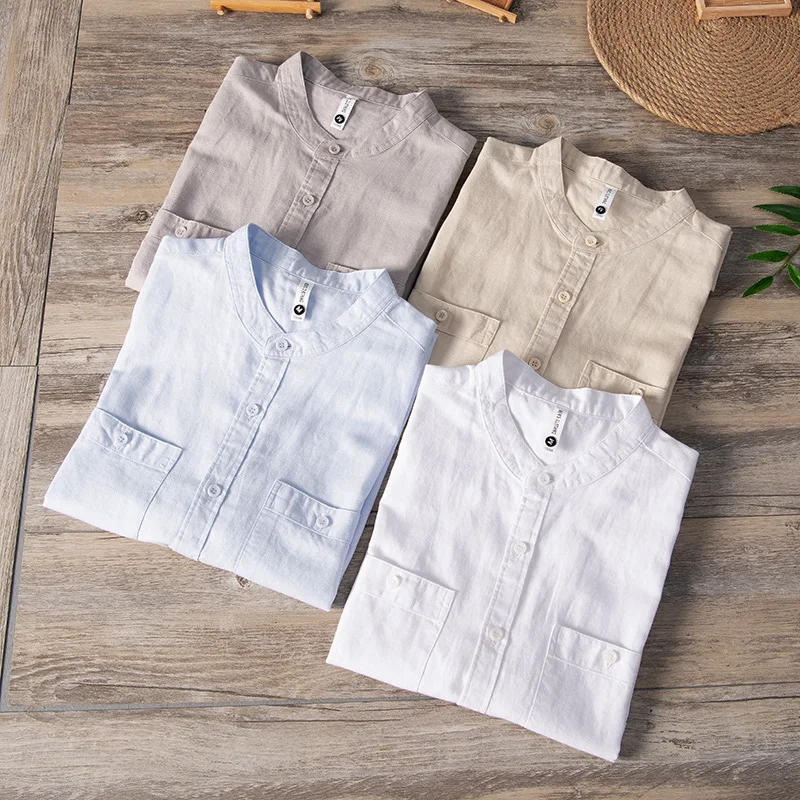 

2021 Men's Fresh Double Pocket Cotton Linen Shirt Summer Casual Short Sleeve Solid Color Stand Collar Shirt