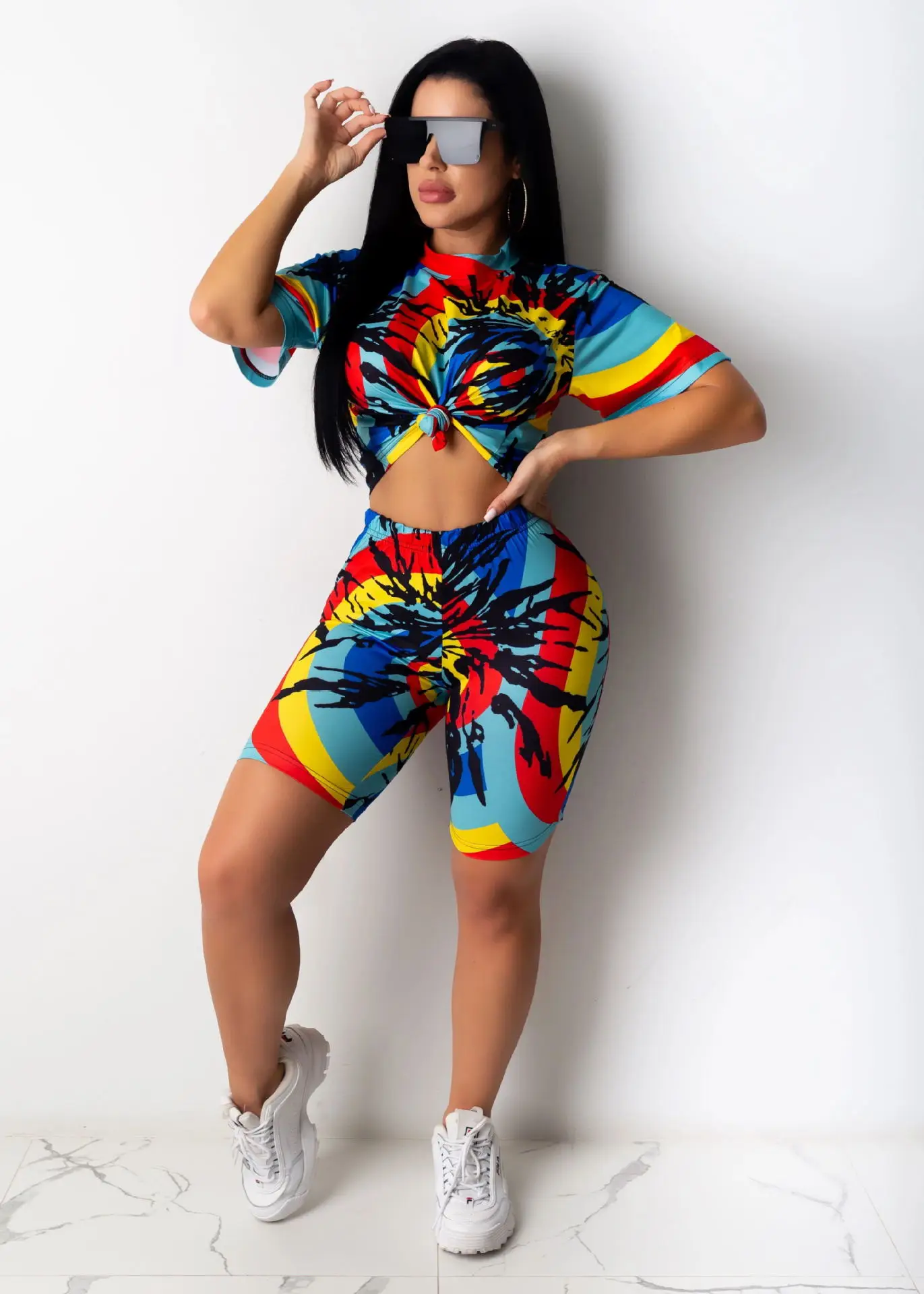 Женский летний костюм из двух предметов с принтом рубашка коротким рукавом и