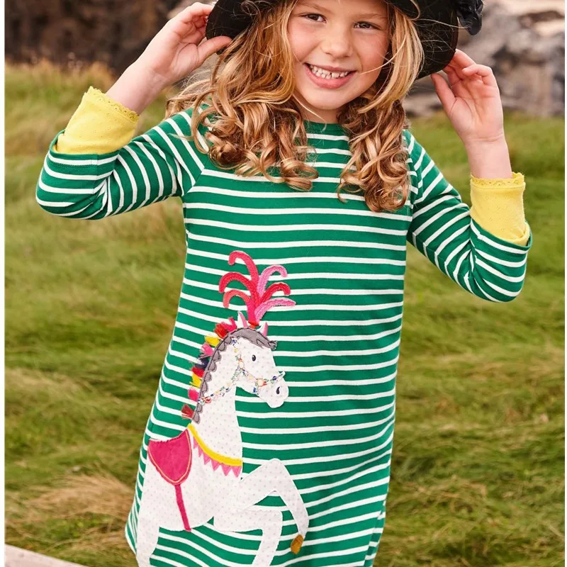 Jumping meters Top Brand Animals Applique Stripe Princess Girls Long Sleeve Dresses for Autumn Spring Duck Baby Dress | Детская одежда