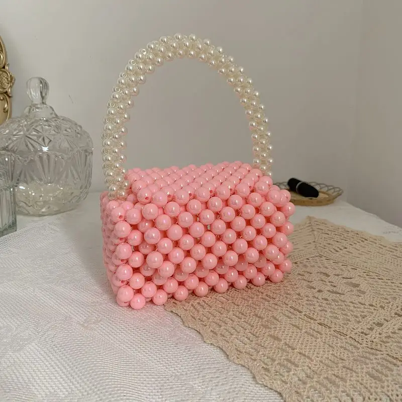 

Elegant Lady Summer Handmade Beads Bag Pink Color Hand Woven Acrylic Hangbag Evening Party Clutch Purse 2021 New Style