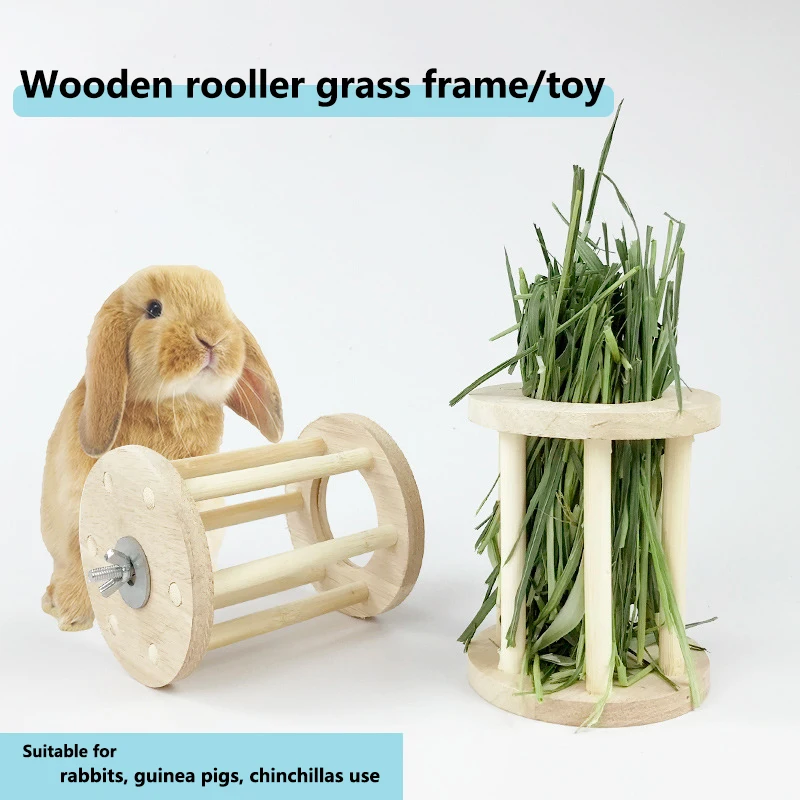 

Rabbit Wooden Roller Grass Rack/Toy Hamster Hay Feeder Can Hang Food Bowl Guinea Pig Pet Supplies Small Animal Accessories