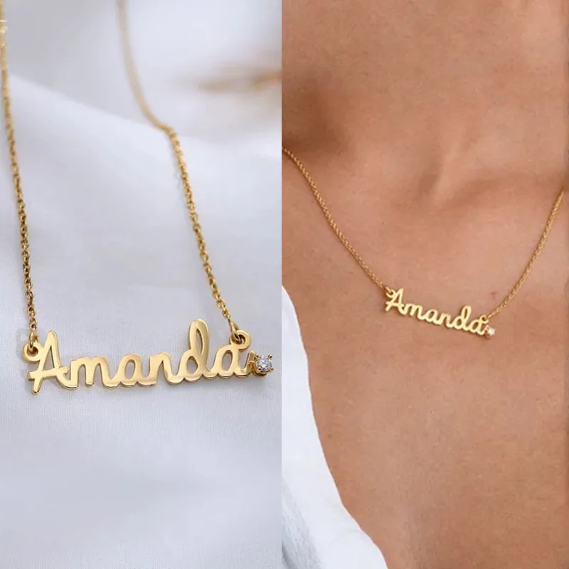 Stainless Steel Thin Chain Name Necklace Personalized Customized Crystal Stone Embellished Gold-color Silver-color Rose-gold
