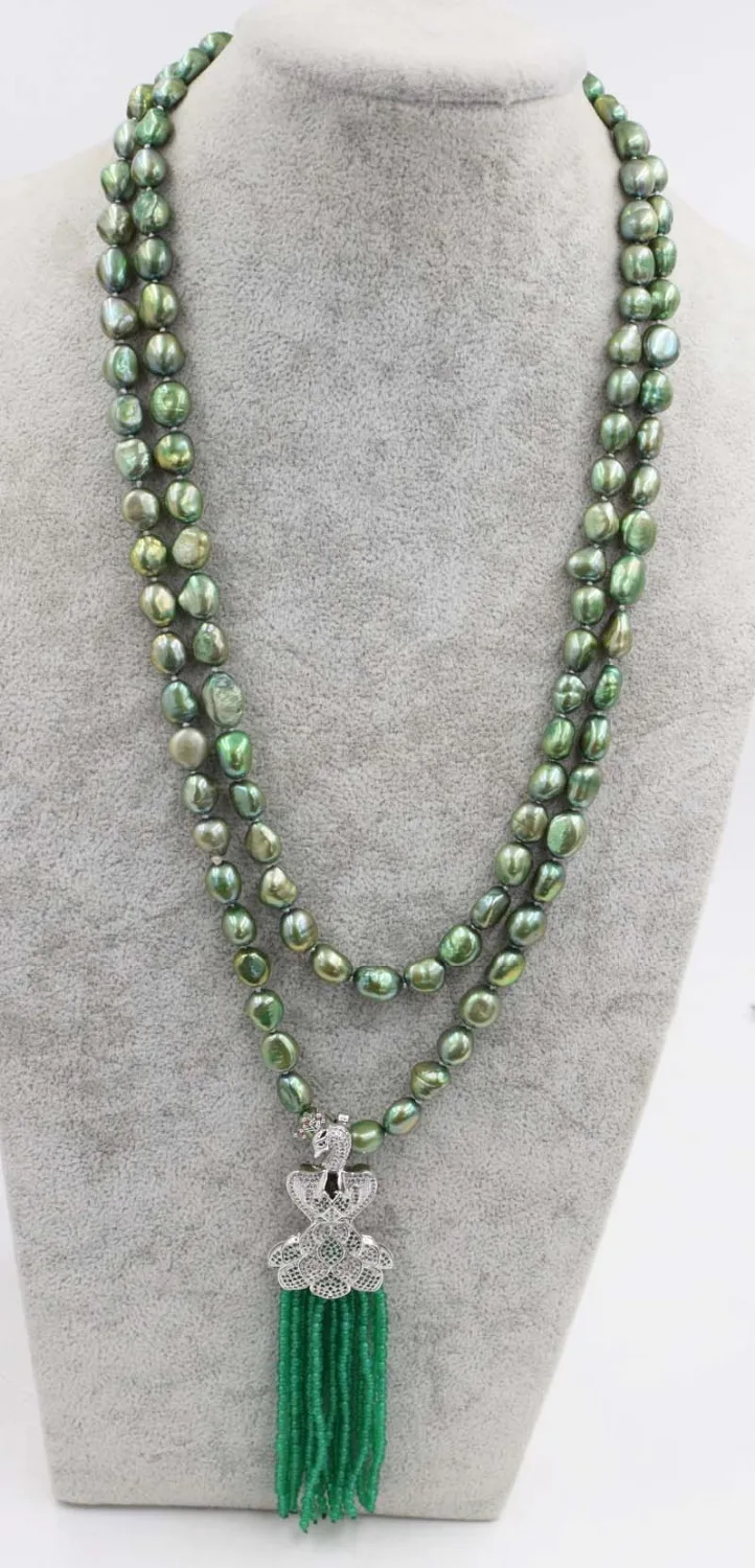 

Ожерелье из пресноводного жемчуга с зелеными агатами и каменными бусинами, застежка peafowl, 45 дюймов FPPJ