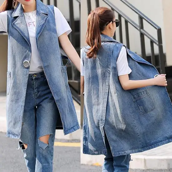 Новинка 2020 осенне-летний джинсовый жилет с блестками женский длинный дырками без