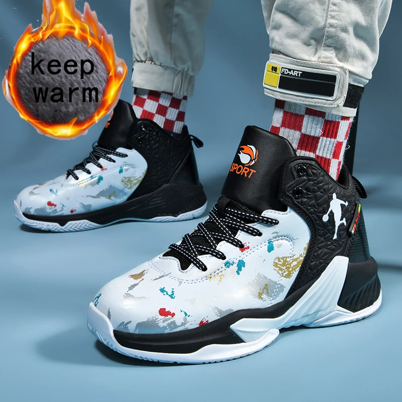 

Boys Basketball Shoes Jordan Shoes Kids Winner High-top Plus Suede Non-slip Sneakers Childrens Warming Training Sports Shoes